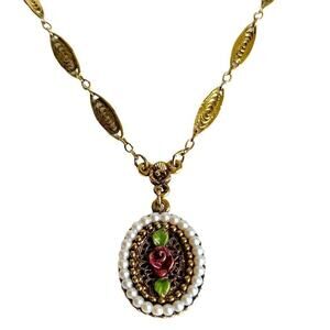 1928 Rose Pearl Necklace Gold Tone Filigree Swirl Chain Romantic Vintage Style